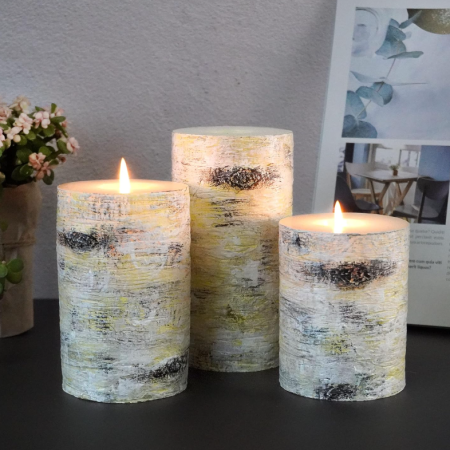 3-Piece Set of Cylindrical Candles with Simulated Birch Bark Texture